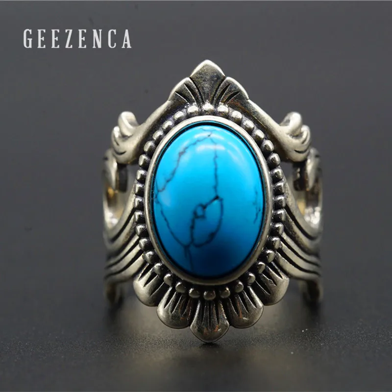 

GEEZENCA 925 Sterling Thai Silver Handmade Wave Turquoises Gemstone Resizable Cocktail Ring Vintage Rock Party Cabochon Ring