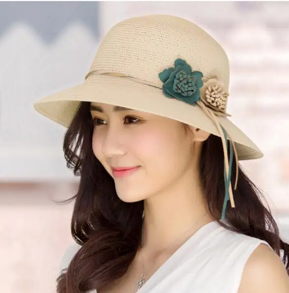 Новинка, летние однотонные соломенные шляпы для женщин, цветочные аксессуары, женские летние пляжные кепки от солнца, Панама, стильная шляпа - Цвет: beige