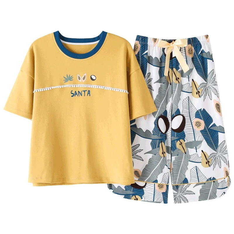 

Cotton pijama for women Short Sleeve Sleepwear Five-cent Pants Leisure Home with Loose Print Round collar home wear ladie