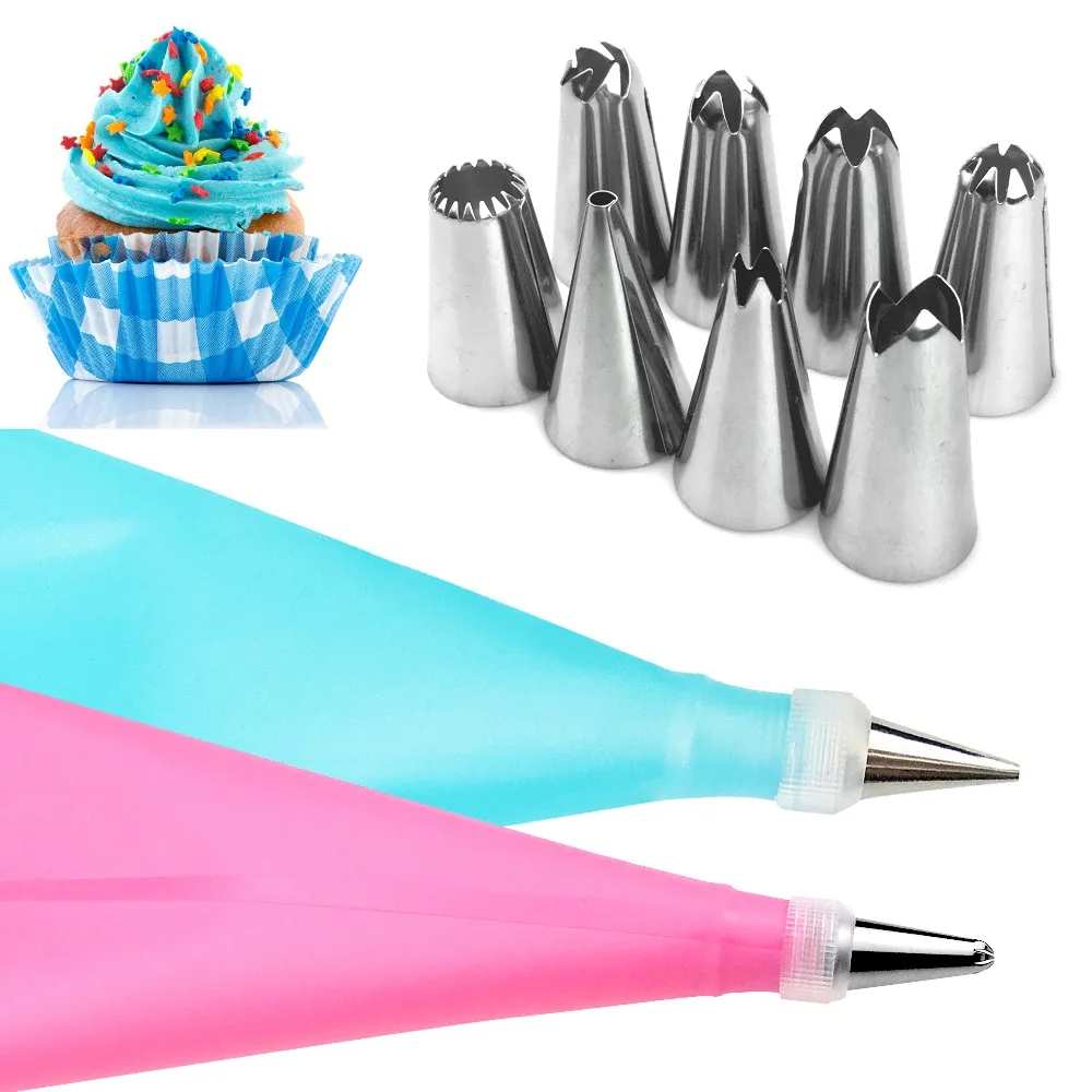 

10pcs/set Dessert Decorators Silicone Icing Piping Cream Pastry Bag+8 Stainless Steel Nozzle Set DIY Cake Decorating Tips