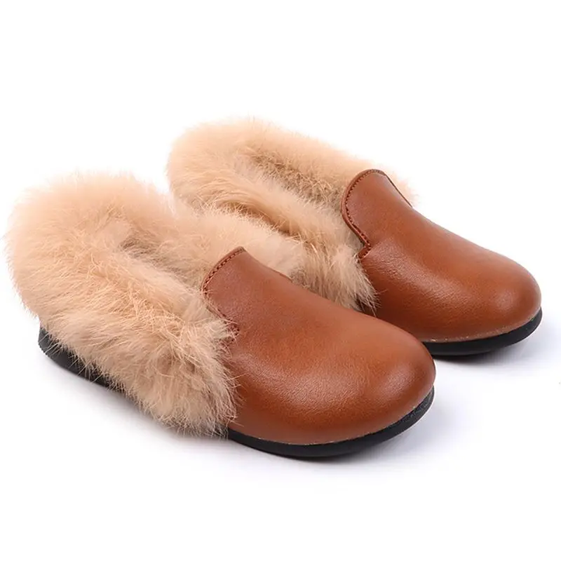 Winter Baby Girls Brown Fashion Fur Shoes Toddlers Brand Warm Loafer Princess Black Leather Flat Shoes