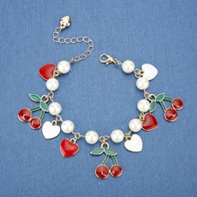 Dongsheng, pulseras Vintage de cereza pequeña roja a la moda, brazaletes de cristal con corazón, amor, cereza roja, joyería de moda para mujeres-15