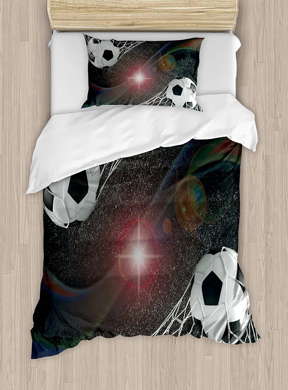 

Teen Room Duvet Cover Set Soccer Balls Goal Match Success Concept in the Outer Space Winner Glory Theme Decor 4pcs Bedding Set