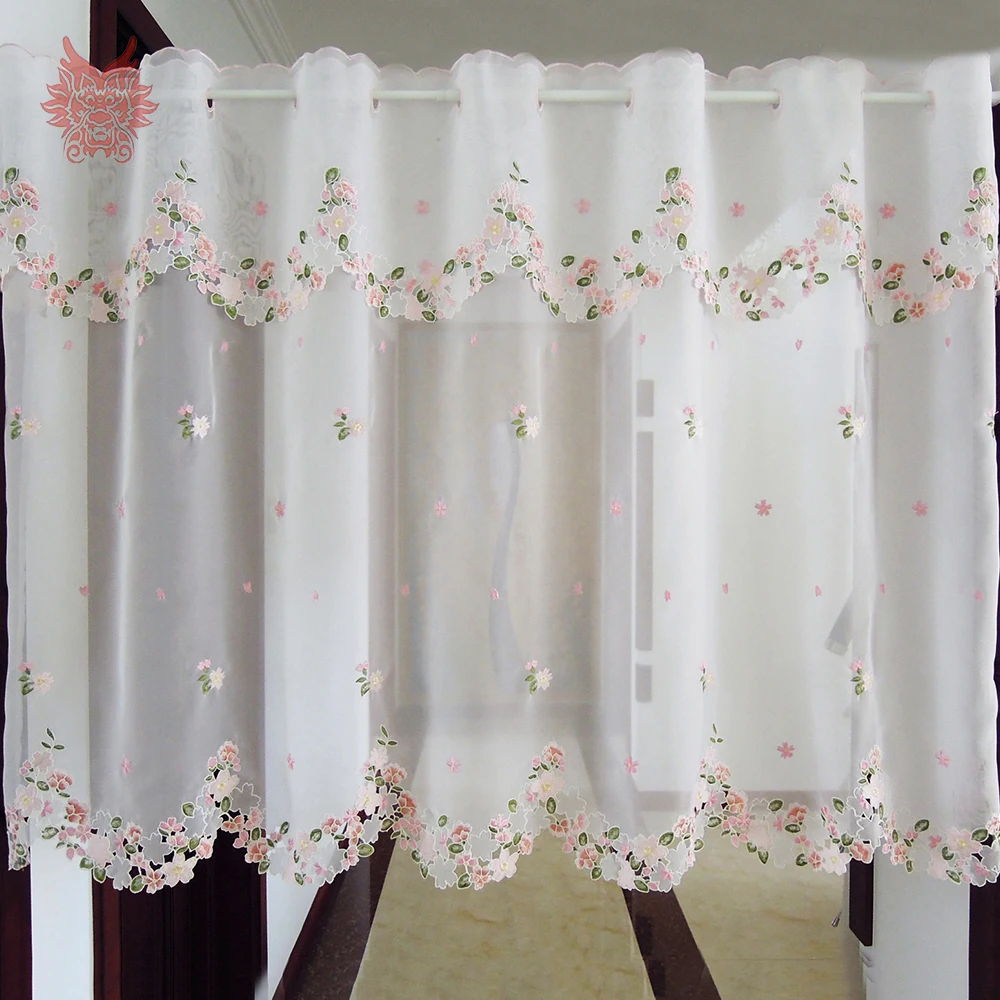 

Korean style pink floral embroidery half-curtain bay window curtain tulle for coffee kitchen room cortinas rideaux SP5446