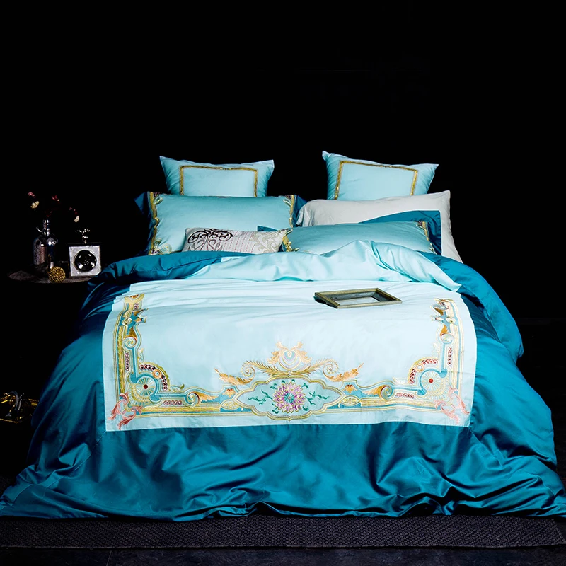 

2017 60S Egypt Cotton Embroidery blue Color Bedding sets King Queen size Bed set Duvet cover set Bedsheet Wholesale