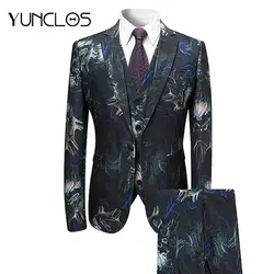 YUNCLOS 2019 для мужчин печатных праздничное платье комплект из 3 предметов (куртка жилет брюки) смокинги для женихов Slim Fit мужской костюм