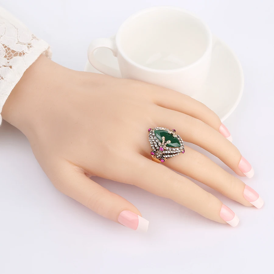 Wbmqda Мода Турецкий зеленый полимерный кольцо античный золотой цвет аксессуары блестящие женские вечерние хрустальные цветы винтажные кольца со стразами
