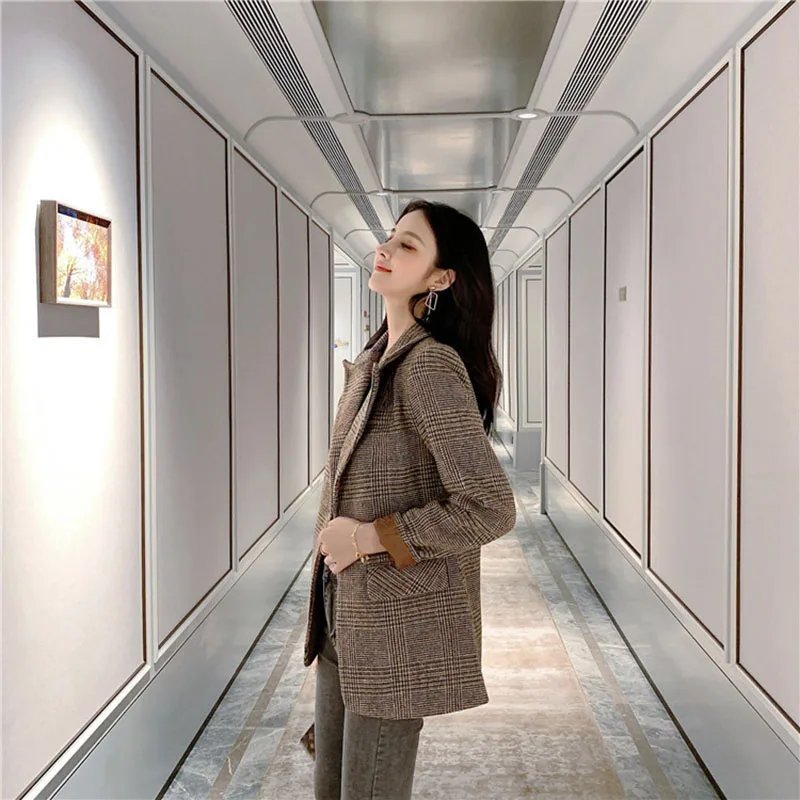 Осеннее Женское шерстяное пальто, Корейская версия, зимний клетчатый Блейзер, модные высококачественные женские шерстяные пальто