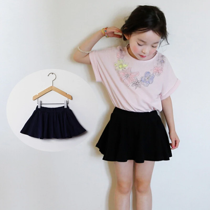 2017 Summer New Children Girl Knit Fake Two Piece Skirt Pleated Black Girl Baby Half Skirt