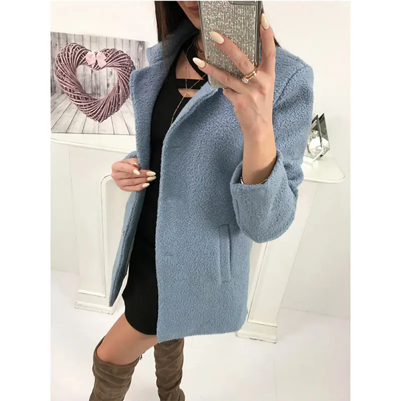 Women Winter Woolen Coat Autumn Casual Solid Color Long Sleeve Pocket Single-Breasted Suit Collar Pink Long Coat Abrigos Fashion (12)