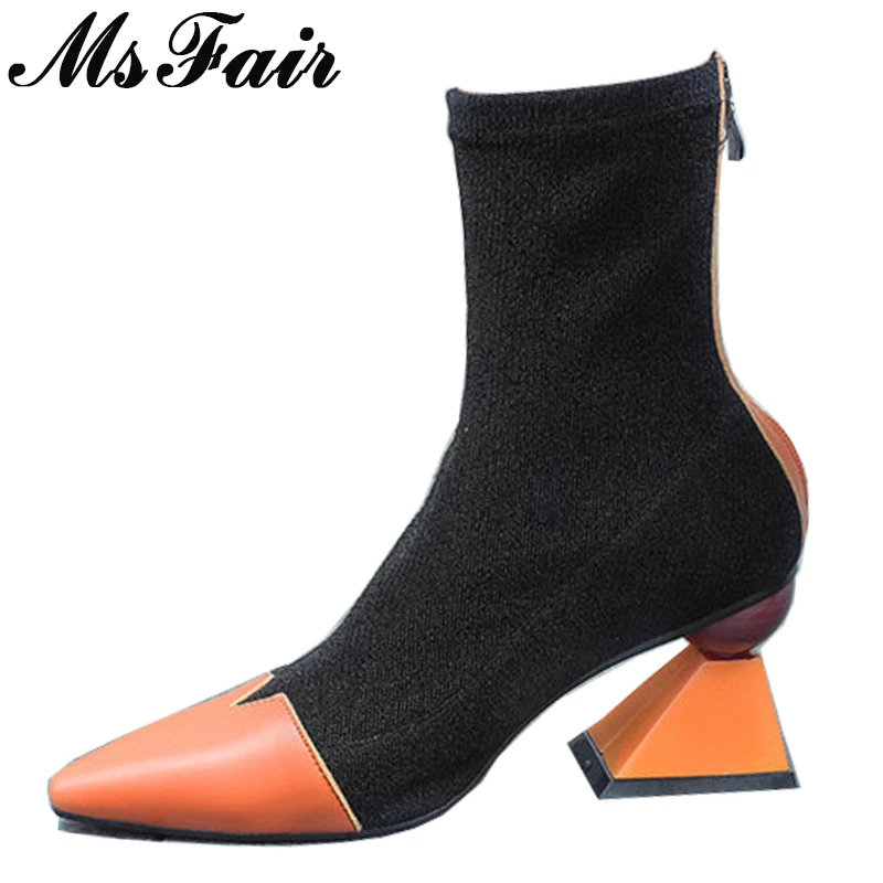

MSFAIR Strange Style High Heel Women Ankle Boots Fashion Concise Zipper Boots Women Shoes Pointed Toe Mixed Colors Boots Women
