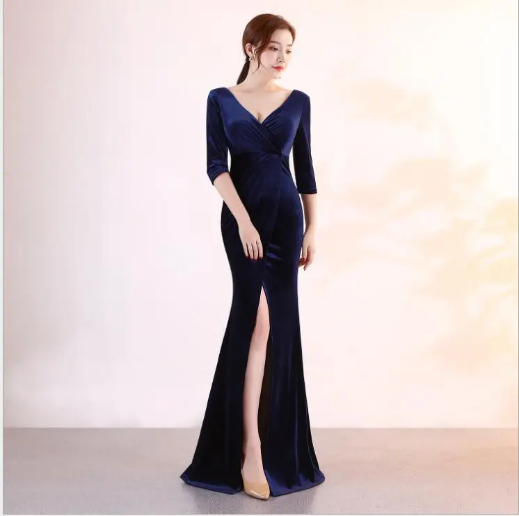 Weiyin зеленые бархатные вечерние платья с длинными рукавами robe de soiree longue платье для выпускного вечера abendkleider vestidos de fiesta WY1319 - Цвет: Тёмно-синий