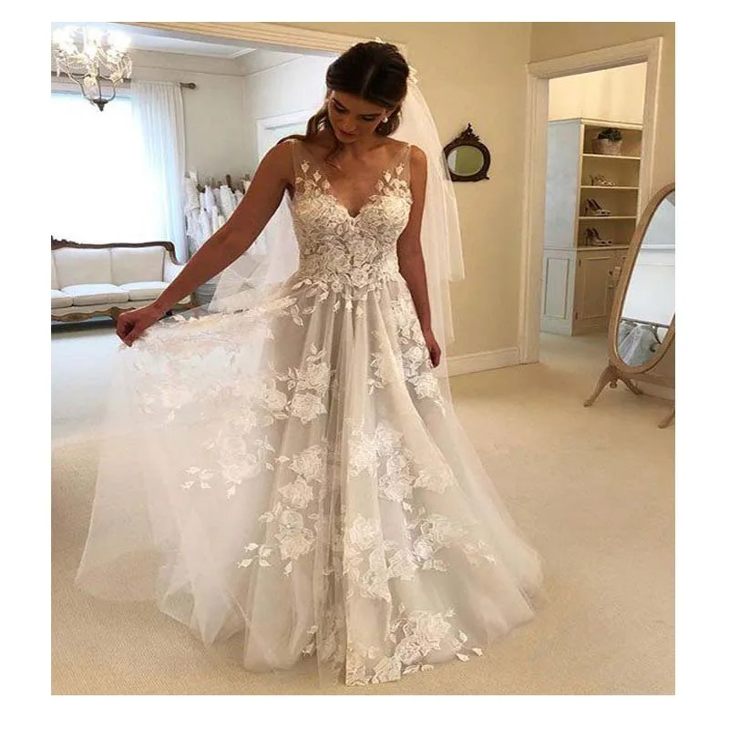 

2019 Fairy A Line Wedding Dress Robe de mariee Sleeveless Vintage Boho Bridal Dress Deep V Neck Tulle Wedding Dresses
