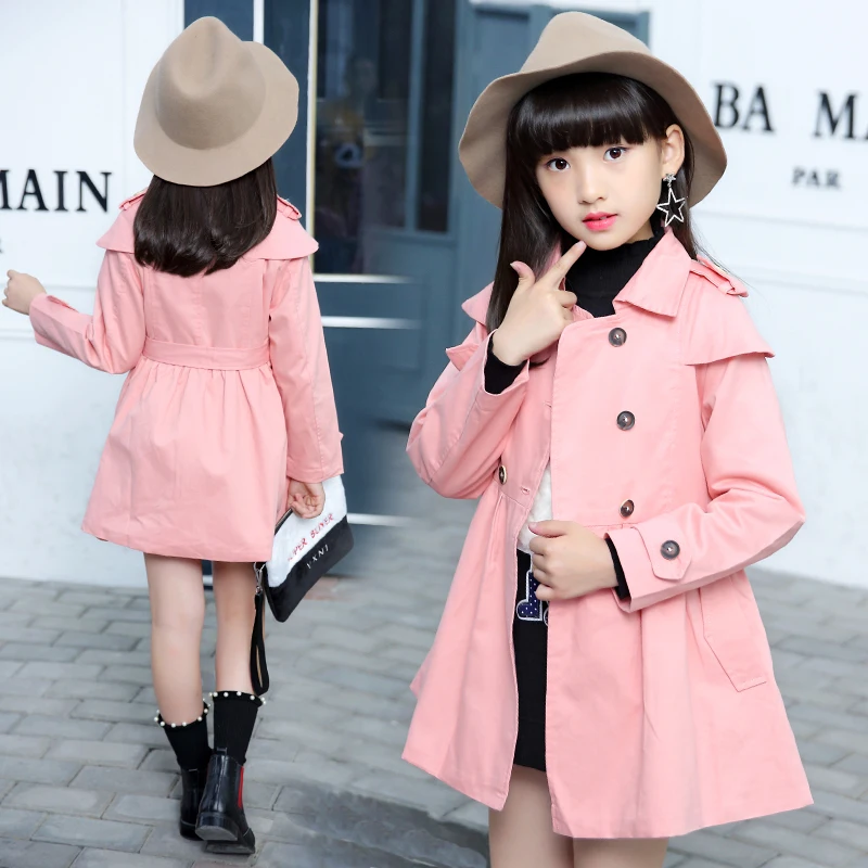 Ins hot girl cotton windbreaker 5-13 years old spring and autumn long coat double-breasted bow belt fashion wild brand