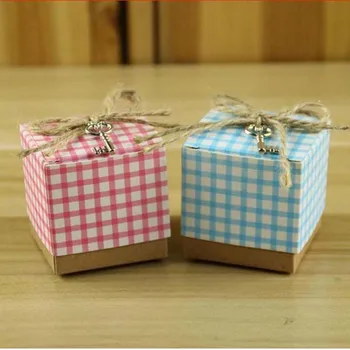 

100Pcs Pink/Blue colors Kraft Paper Wedding Favors chocolate Box Baby Shower Candy Box gift box With Key and Hemp Ropes