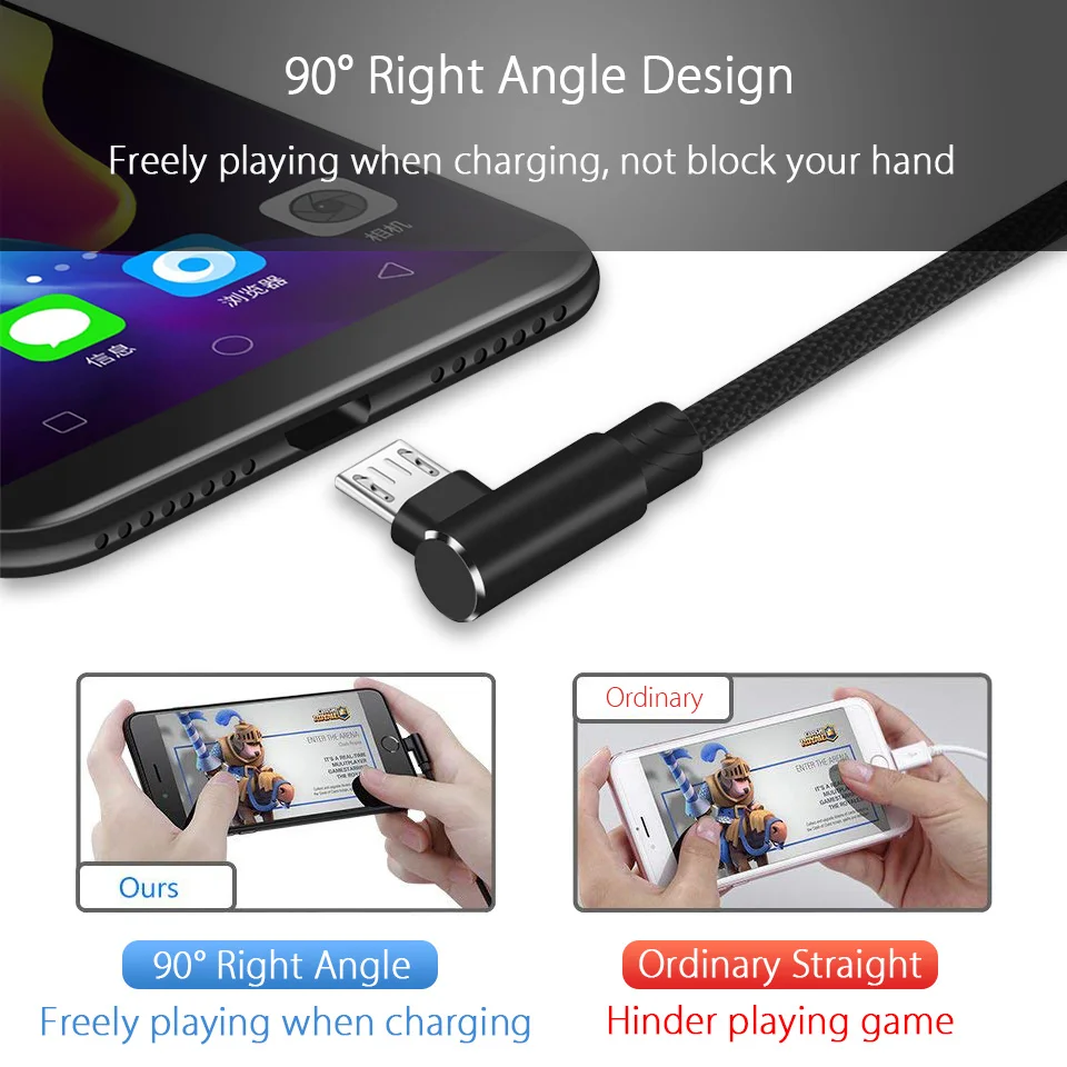 Micro USB Cable 2A Fast Charging Charger USB Cord 90 degree Right Angle elbow Nylon Braided Data Cables for Xiaomi Android Phone