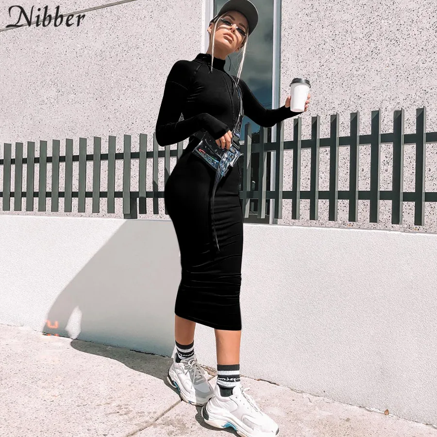 Nibber2019spring أزياء النيون اللون فساتين متوسطة الطول إمرأة الصيف عارضة حزب الحليب الحرير الصلبة الكامل كم Bodycon فساتين موهير