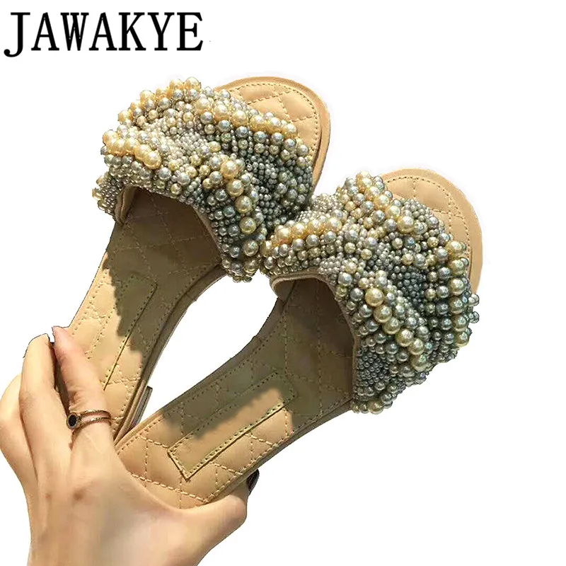 

Summer pearled slippers women girl Mules flat heel genuine leather crossover flip flops crossover 2019 cozy beach shoes women