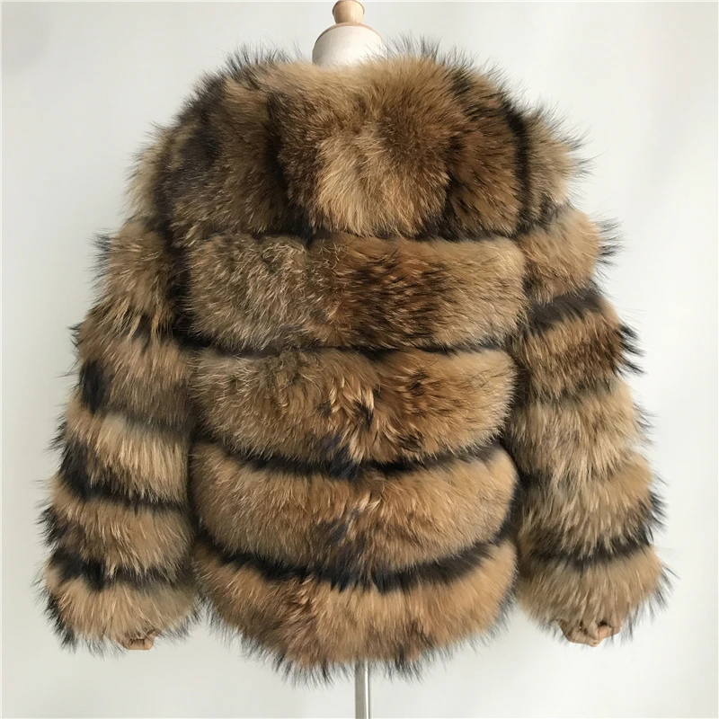 Куртка из натурального меха енота, Женское зимнее пальто, модное пальто из натуральной кожи, полные полоски на рукавах, пальто из натурального меха енота для женщин