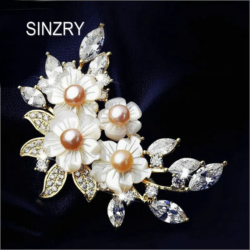 

SINZRY elegant Hot cubic zircon natural shell brooch pin shell flower scarf buckle lady bridal jewelry accessories
