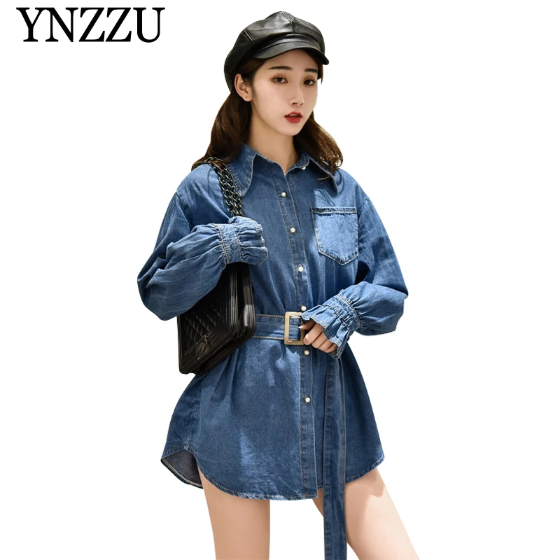 

YNZZU 2019 new arrival blue with belt denim jacket Causal loose oversize button women jackets Long sleeve Autumn coat YO805