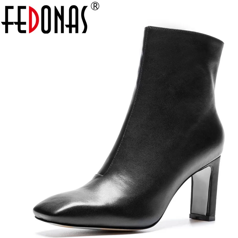 

FEDONAS 1New Arrival Women Ankle Boots Autumn Winter Warm Genuine Leather High Heels Shoes Woman Square Toe Concise Basic Boots