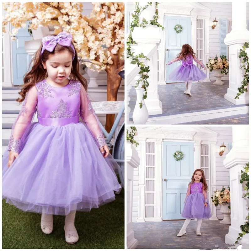 

Lavender Tulle Princess Dress Illusion Long Sleeves Customized Flower Girl Dress with Lace Appliques Bow Kids Formal Wears New