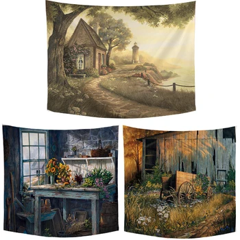 

Shabby Chic Landscape Tapestry Yard Mountain Stream Tree Flowers Print Carpet Picnic Mat Family Living Room Decoration Blanket