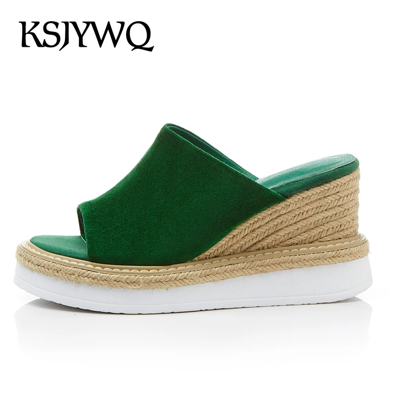 

KSJYWQ Sexy Open-toe Green Mules Sheep leather 9 cm High Heel Wedges Summer Style Slides Platform Slippers Box Packing 733-8