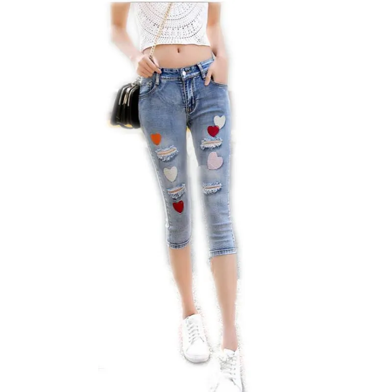 2018Fashion Embroidery Love Women Summer Skinny Jeans Calf