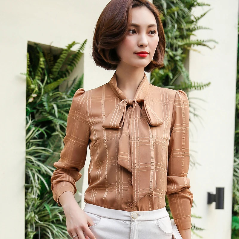 Musim semi 2017 Wanita Blus Sifon Kemeja Busur Kerah Desain Kotak-kotak Putih Blus Lengan Panjang Atasan Kasual Plus Ukuran S-3XL T61218