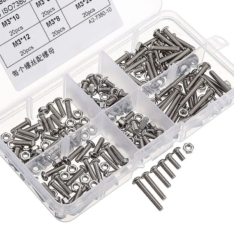

SULEVE New 240Pcs/Set M3SH2 M3 304 Stainless Steel Hex Socket Button Head Cap Screws Bolts Nuts Assortment Kit 4/6/8/12/16/20mm