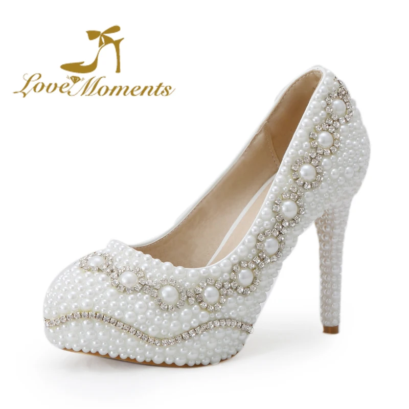 

Crystal wedding shoes pearl handmade bridal pumps woman rhinestone white female high heels platform shoes dress shoes big size