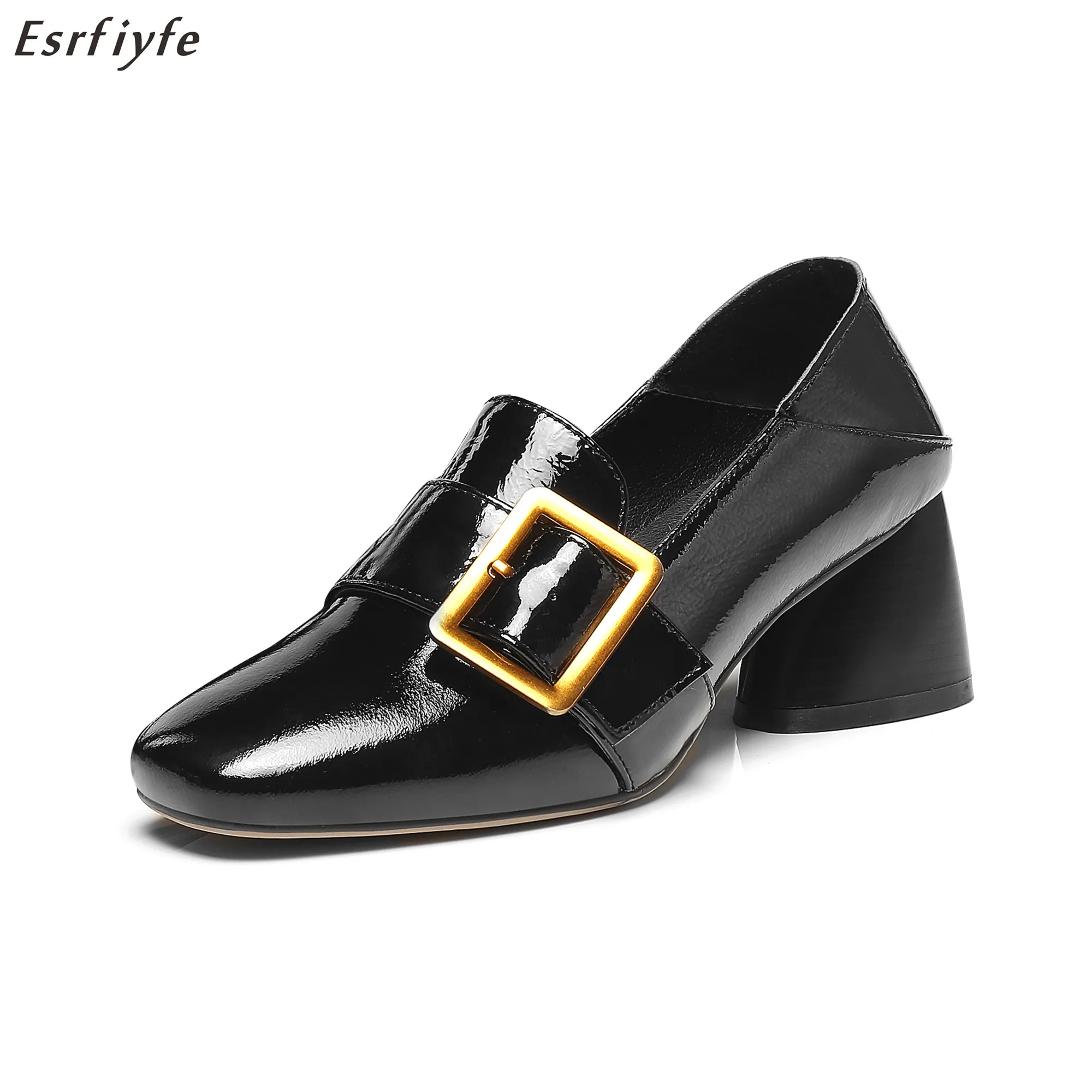 

ESRFIYFE New Spring Genuine Leather Elegant Chunky Heels Pointed Toe Slip-on Women Shoes Woman Black Office Lady Date Pumps