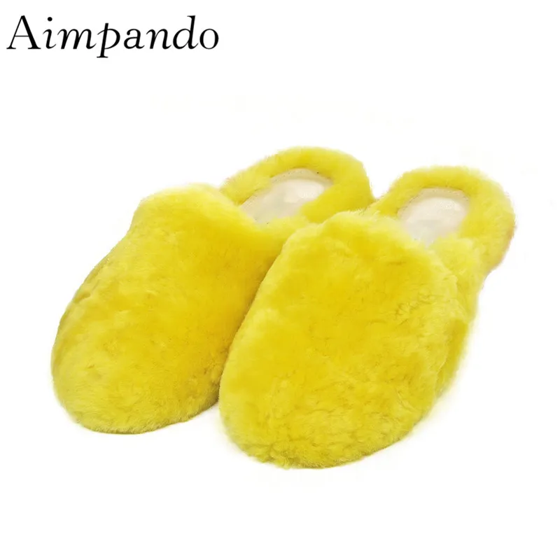 

Comfort Fur Women Slippers Red Yellow Blue Flats Round Cover Toe Shallow Slingbacks Wool Lazyman Slim Shoes