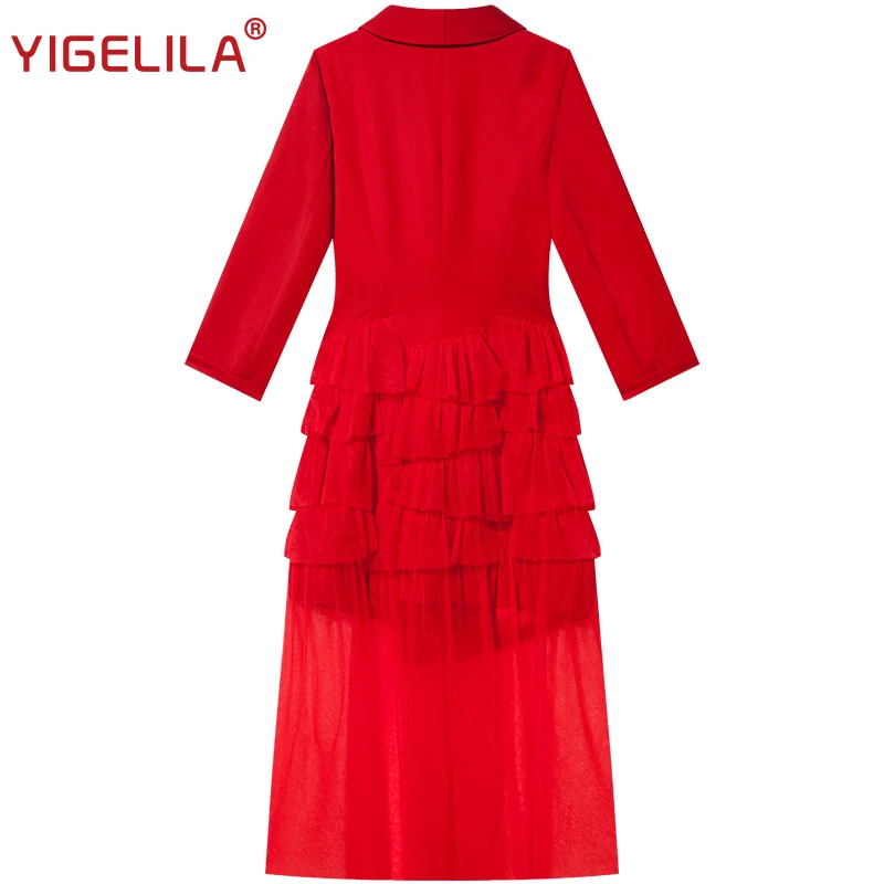 YIGELILA Неделя моды Для женщин красные длинные вечерние платья осень отложной воротник три четверти рукав полной длины сетчатый костюм платье 63965