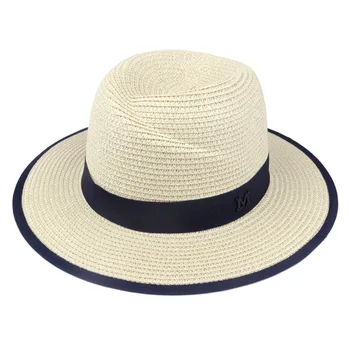 

LNPBD 2017 hot New Elegant Black Jazz Hats For Women White Sun Hat Men Formal Blue Summer Beach Cap Letter M Fedora Straw Hat