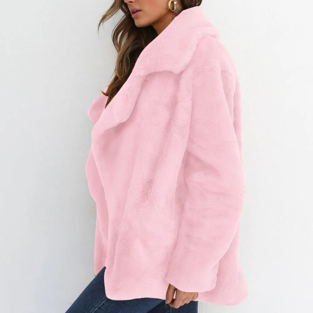 KLV Женское зимнее пальто из искусственного меха, сохраняющее тепло, однотонная верхняя одежда, свободный большой воротник, меховое пальто с длинным рукавом, коричневое, розовое, черное z1120