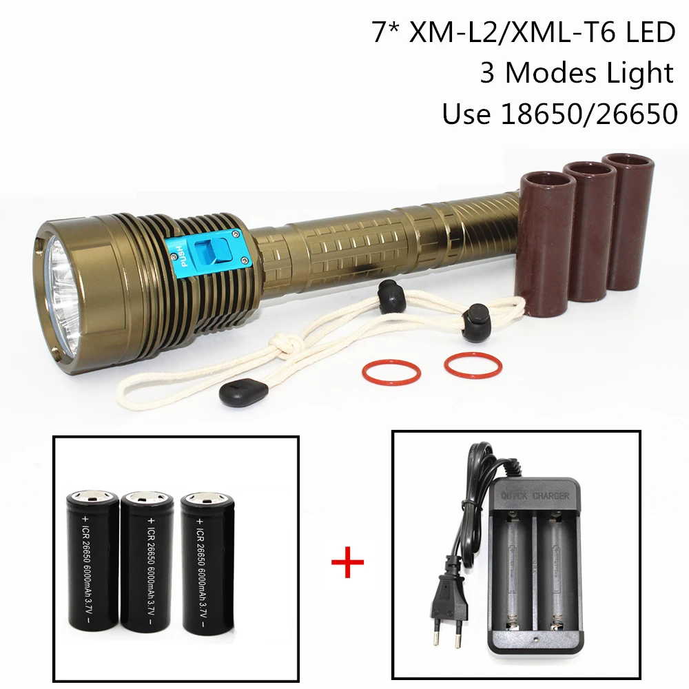 Новый светодиодный фонарик для дайвинга 7 x XML T6 / L2 100 лм/18650/26650 лм фонасветильник