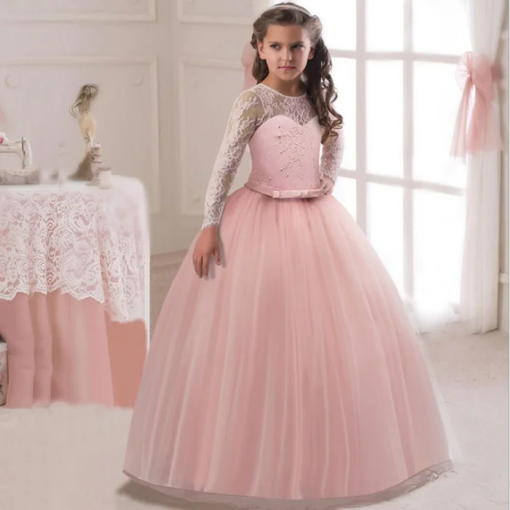 

long Costume Princess Children Fancy 4-14Y Kids Bridesmaid Lace Girls Dress For Wedding and Party Dresses Evening Christmas Girl