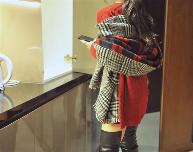 Роскошный бренд зимний женский кашемировый шарф в клетку негабаритный двусторонний пашмины Шарфы толстое теплое Женское пальто Шарфы