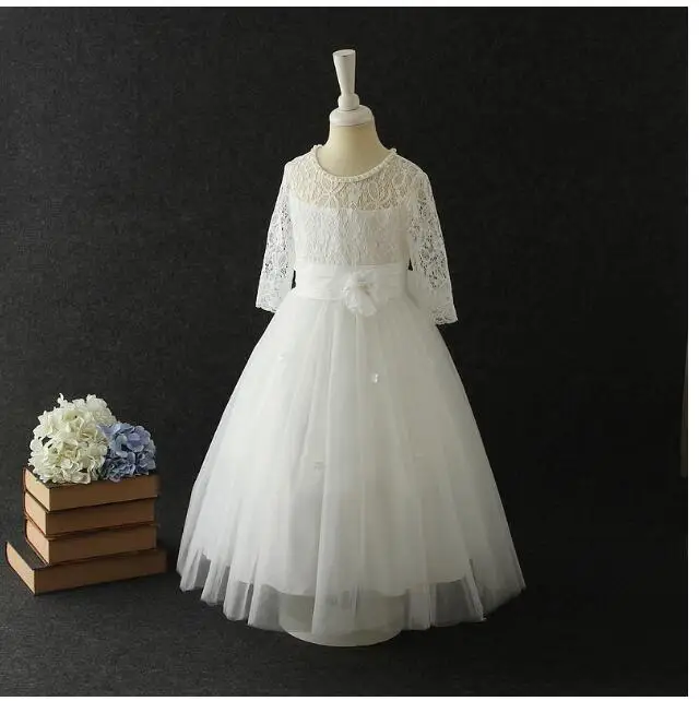 

Girl's Long Lace Formal Dress 2017 Summer LongSleeve Gauze Girls Princess Dresses Kids Party Birthday Children's Dancewear White