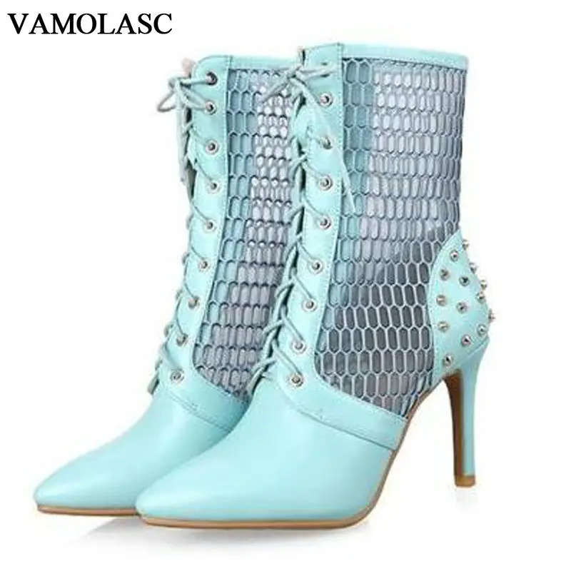 VAMOLASC New font b Women b font Summer Leather Ankle Boots Sexy Rivets Lace Up Thin