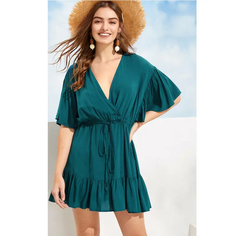 

2019 Newest Style Sexy Women's Spring Summer Hot Sale Boho Floral Wrap Frill Beach Mini Short Dress Sundress