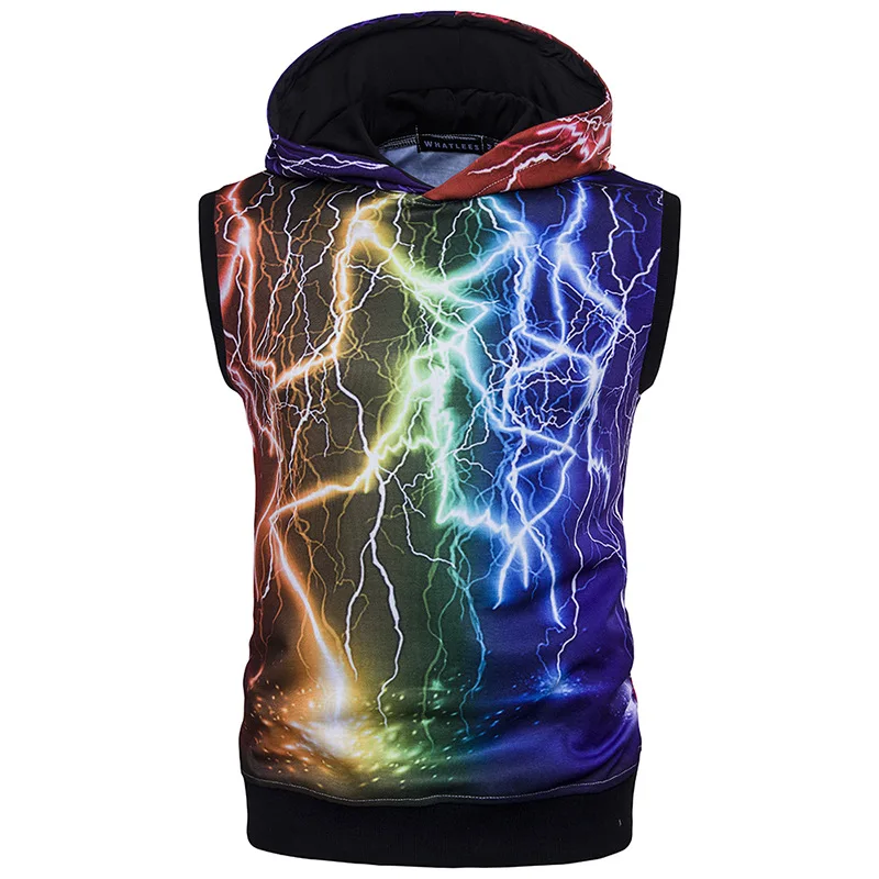 Colorful Lightning Hoodies Mens 3D Print Black Sleeveless Hooded