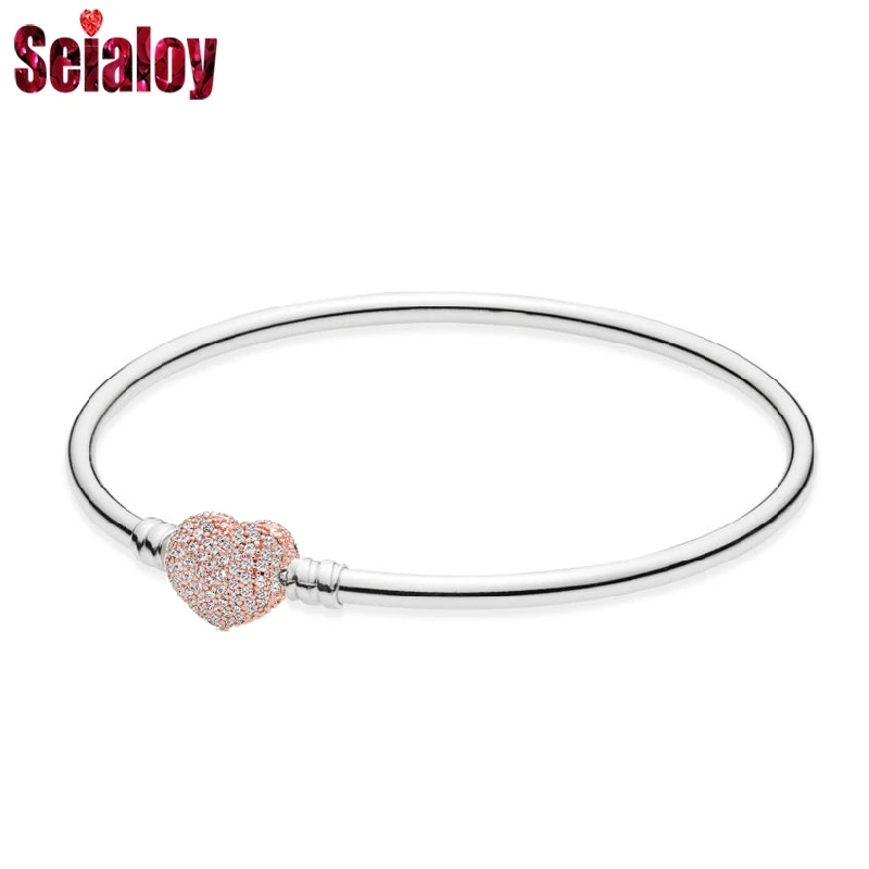 

SEIALOY New Rose Densely inlaid heart-shaped cufflinks Fine Pandora Bangle For Women Making European Charm Bangle Jewelry Gift