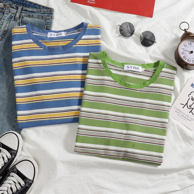 

2019 Summer Short Sleeve T Shirt for Women Striped Tops Harajuku basic Tshirt Korean clothes Punk T-shirts 90s camiseta feminina