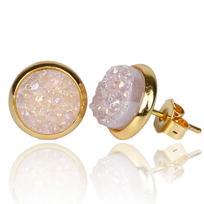 Золотые серьги с необработанными кристаллами Druzy, 8 мм, круглые серьги с натуральным камнем, 10 цветов, чакра, титановый опал, серьги-гвоздики Geode для женщин