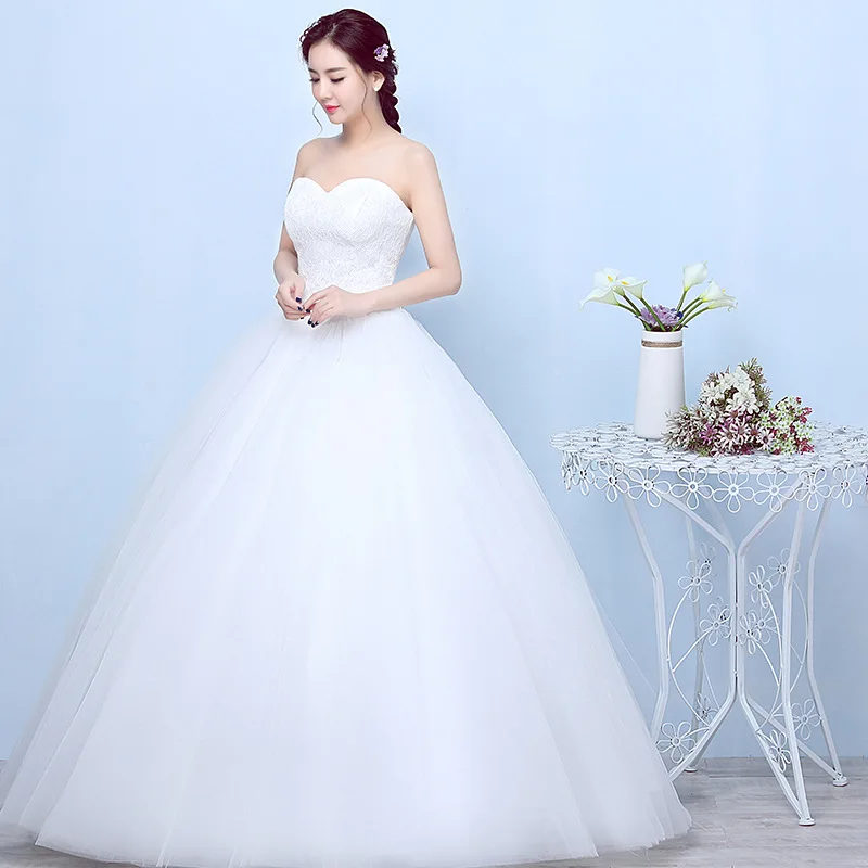 

White Lace Wedding Dress 2019 Ball Gown Sleeveless Sweetheart Lace Up Floor Length New Bride Married Party Dresses