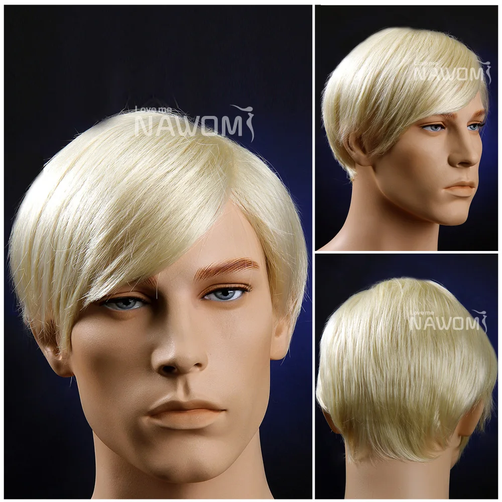 

Fashion Natural Full Lace Men Wig Inclined Bang Short Straight Blonde Hairpieces High Quality Heat Resistant Fiber for White Man